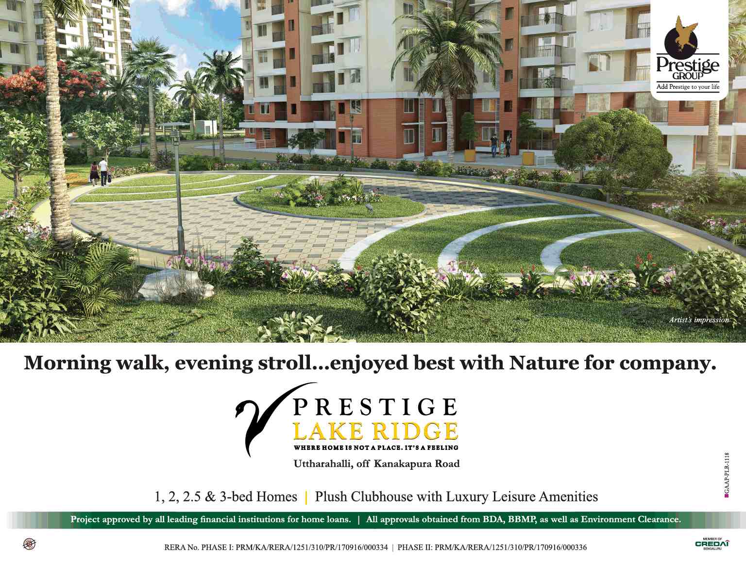 Enjoy morning and evening walk with nature's company at Prestige Lake Ridge in Bangalore Update